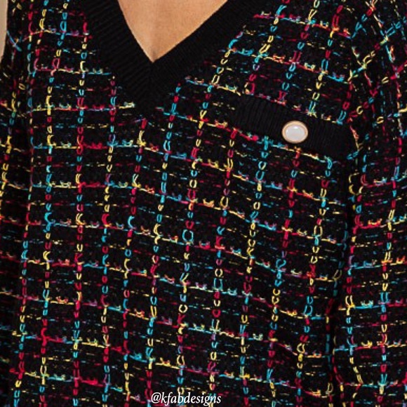 POL! LAST! Stunning On Trend Black w/Multicolor Tweed Front/Back V Neck Sweater - Picture 7 of 7